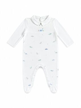 The Little White Company Classic White Baby One-Piece w/ Blue Dino Print – 3-6m